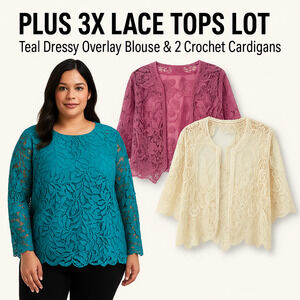 Lot of 3 Lace Tops  SZ 3X Teal Dressy Glam 2 Crochet Cardigans Boho Fairy Cruise